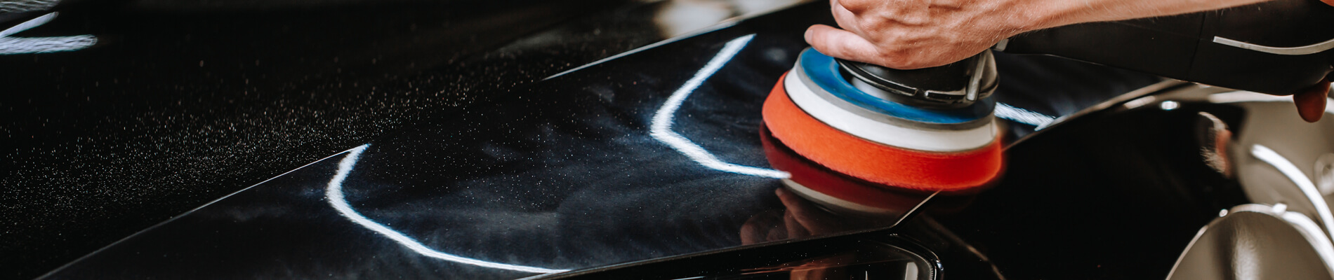 Professional Detailing A Car In Car Studio, Hands With Orbital Polisher, Scratching Remover, Vehicle Care Concept